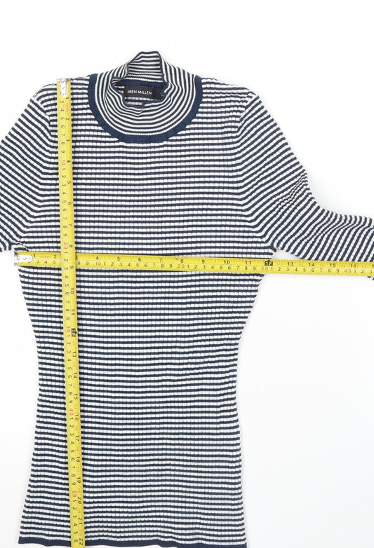 Karen Millen Women’s Blue White Striped Slim Fit Mock Neck Long Sleeve Top S