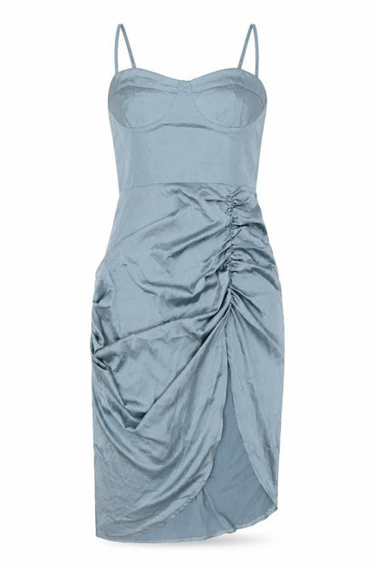 Cider Women’s Blue Midi Slip Dress L Ruched Strappy Polyester