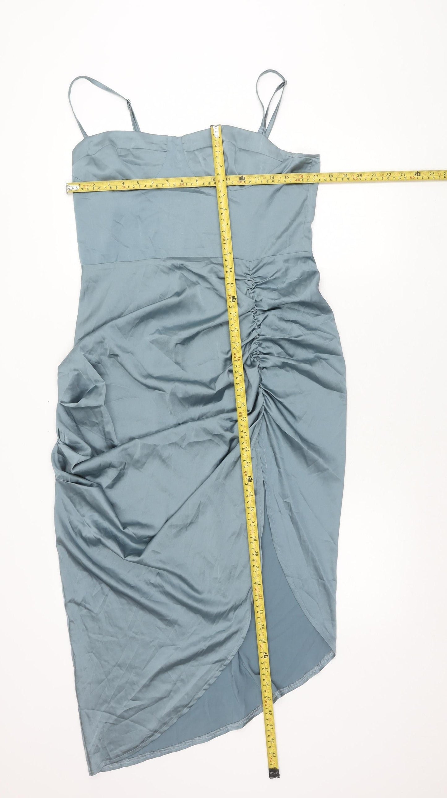 Cider Women’s Blue Midi Slip Dress L Ruched Strappy Polyester