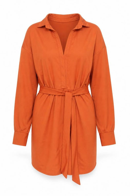 Front view of In The Style Women’s Orange Shirt Dress, size UK 12, Long Sleeve Collared
