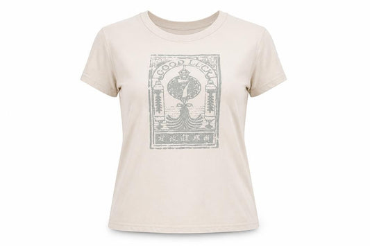 Front view of Red Herring women’s beige cotton glitter print t-shirt, size UK 12