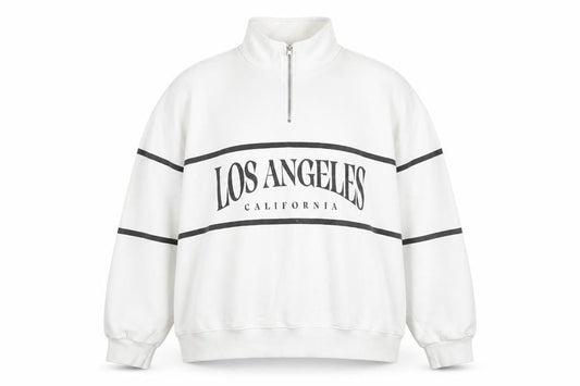 Front view of Pull&Bear unisex white xl los angeles 1/4 zip sweatshirt