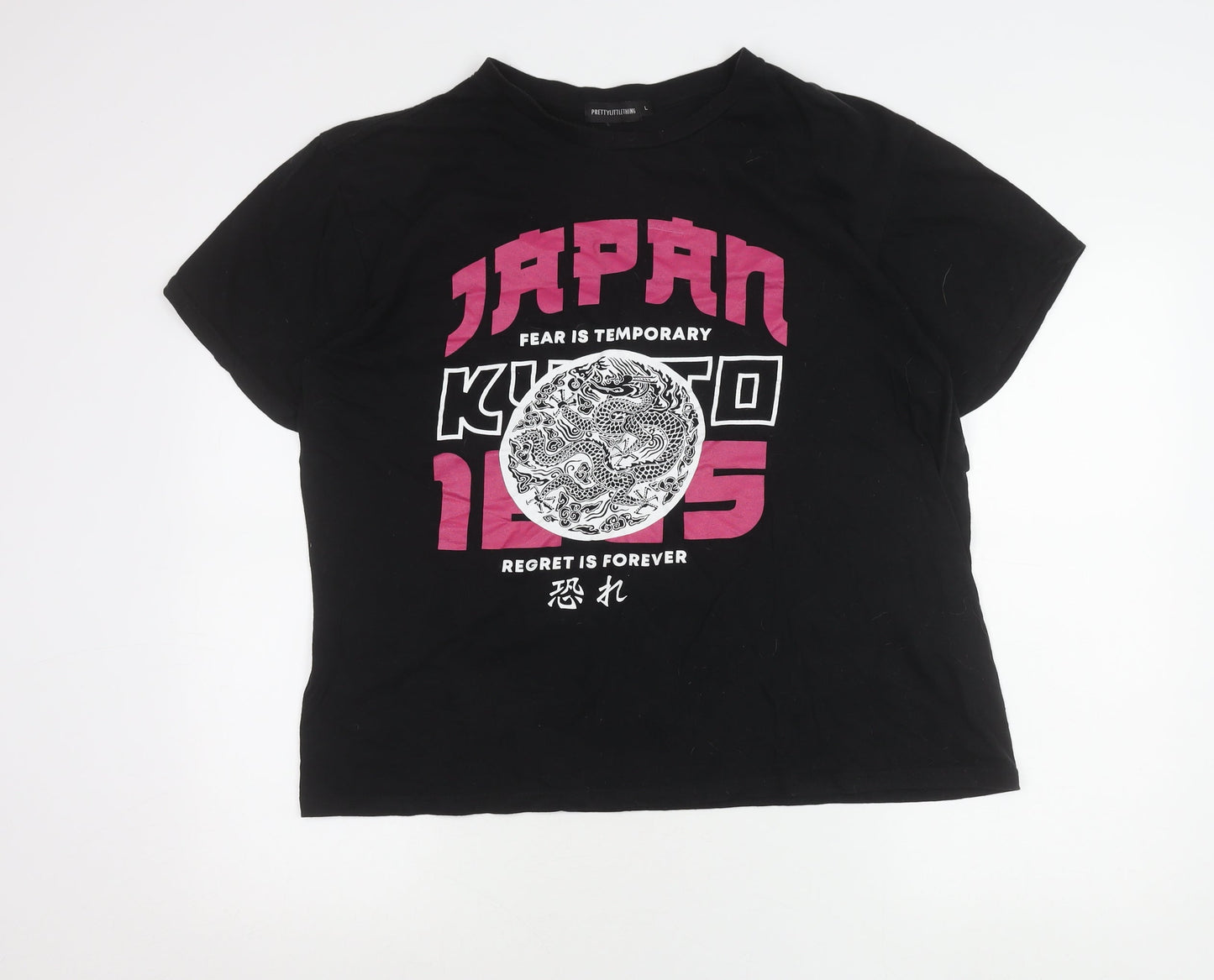 Womens UK Size L PRETTYLITTLETHING Black Cropped T-Shirt