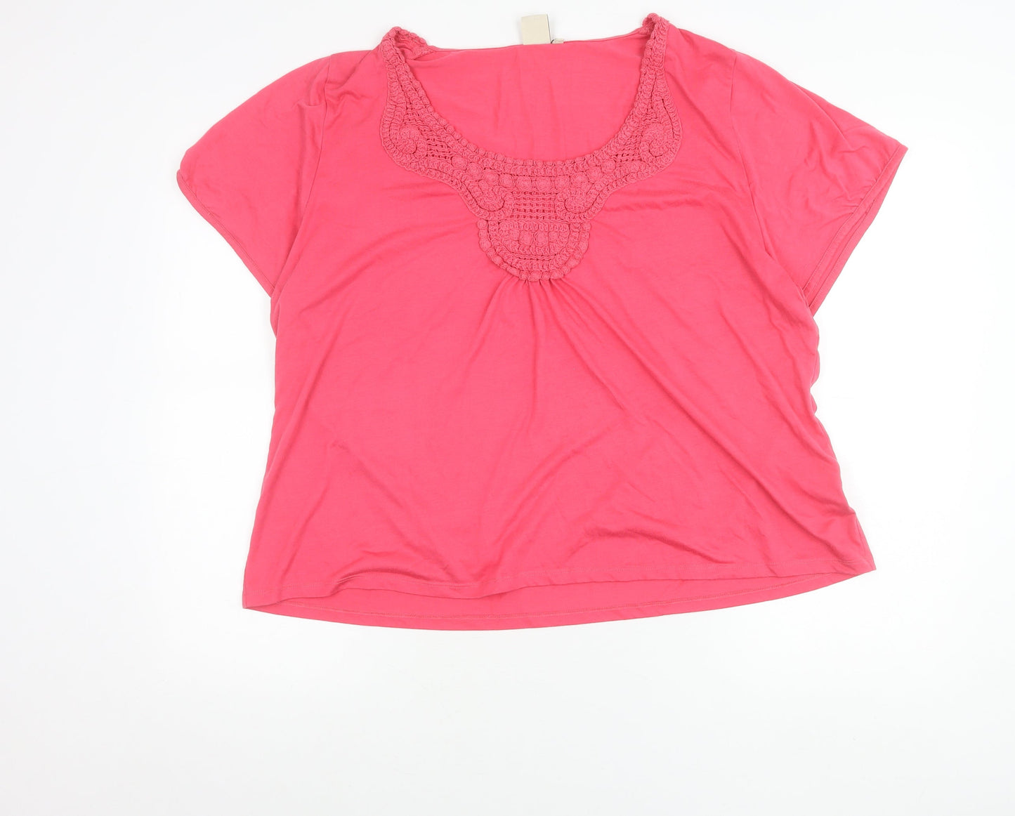 Cotton Traders Womens Pink Scoop Neck Crochet Detail T-Shirt Size 26