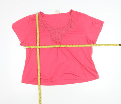 Cotton Traders Womens Pink Scoop Neck Crochet Detail T-Shirt Size 26