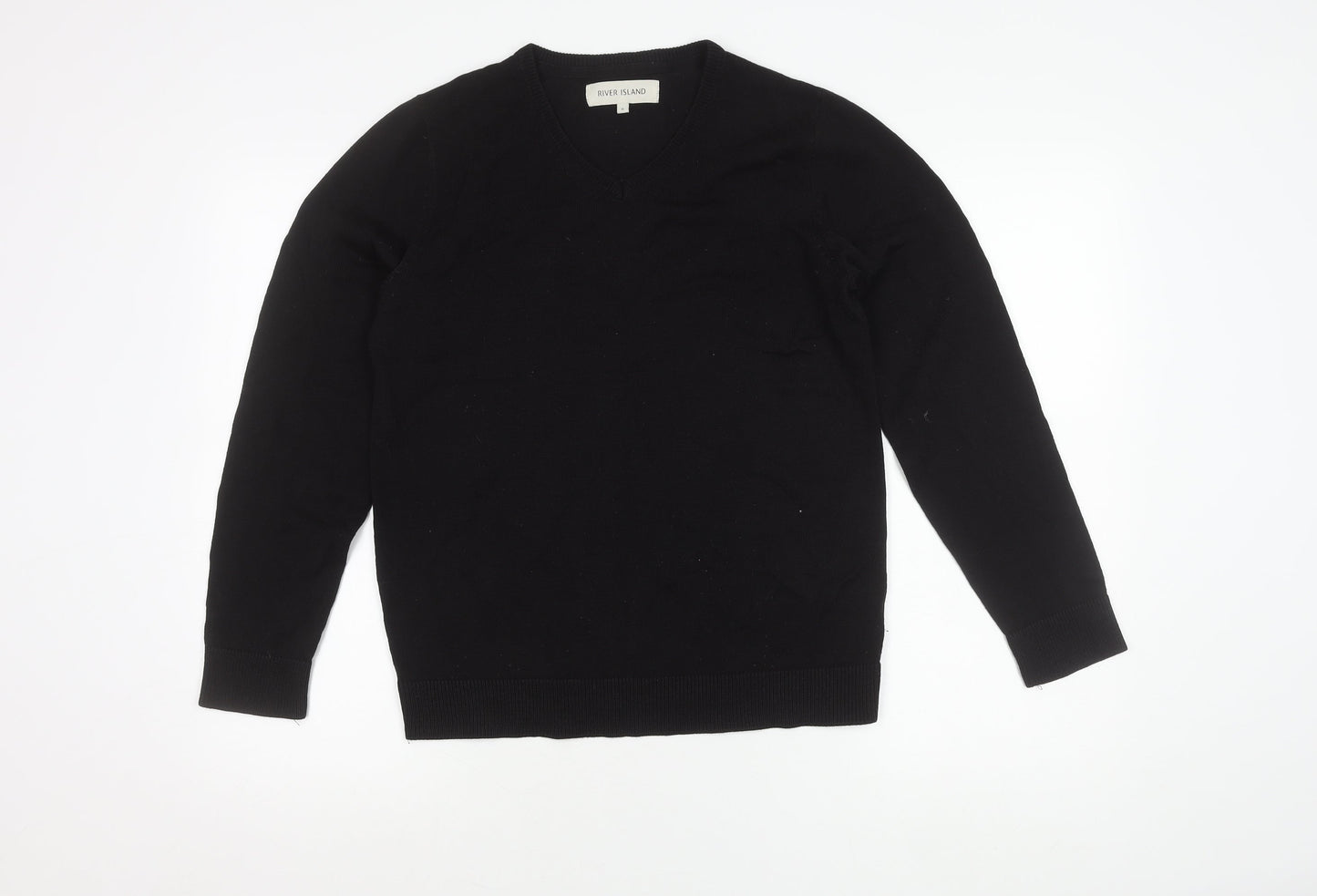 River Island Men's Black V-Neck Cotton Pullover Jumper Size S