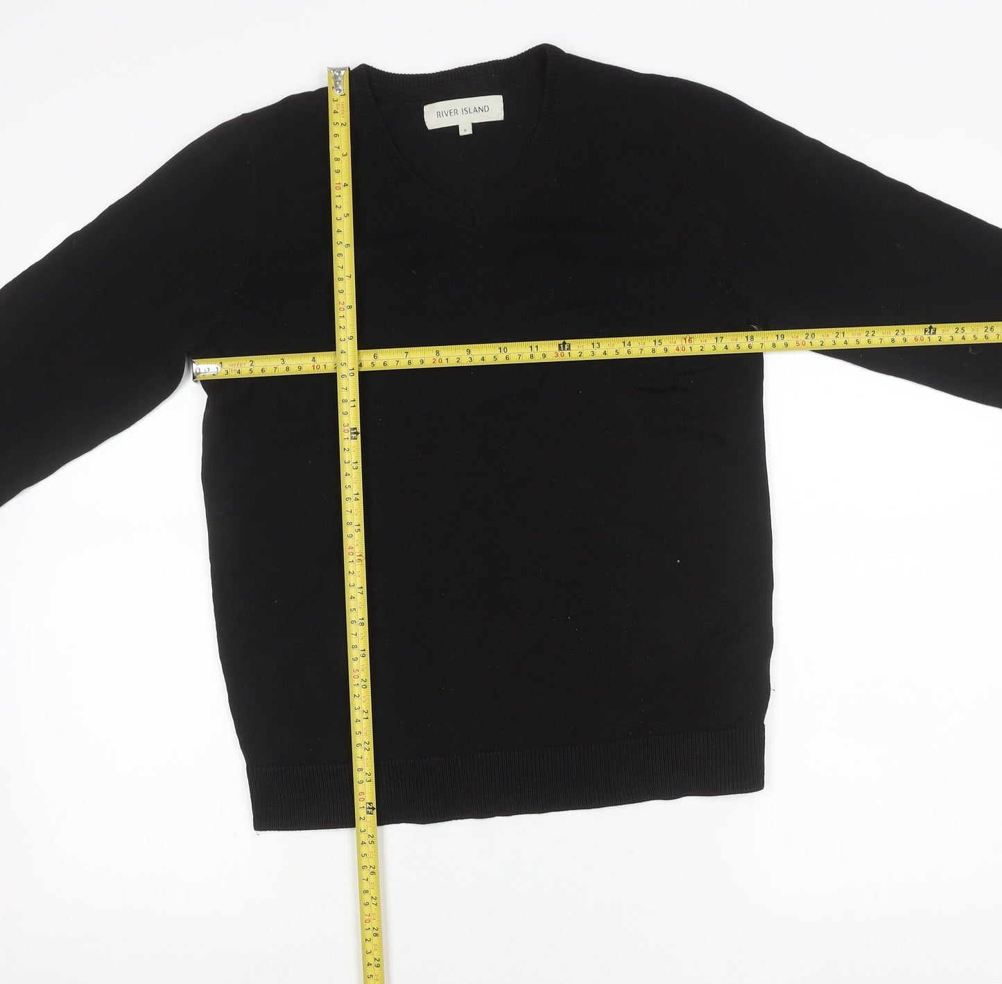 River Island Men's Black V-Neck Cotton Pullover Jumper Size S