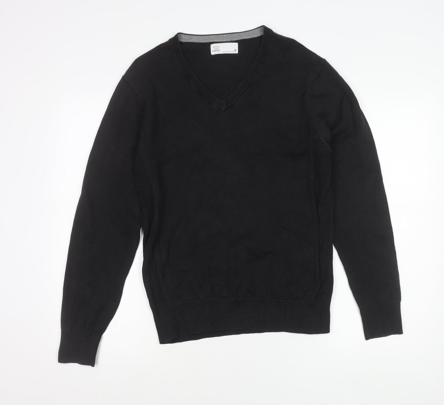 Next Mens Black V-Neck Knit Jumper M Regular Long Sleeve Pullover