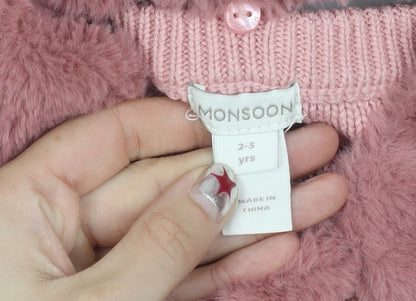 Monsoon Girls Pink Faux Fur Collar Cardigan Jumper 2-3 Years Long Sleeve