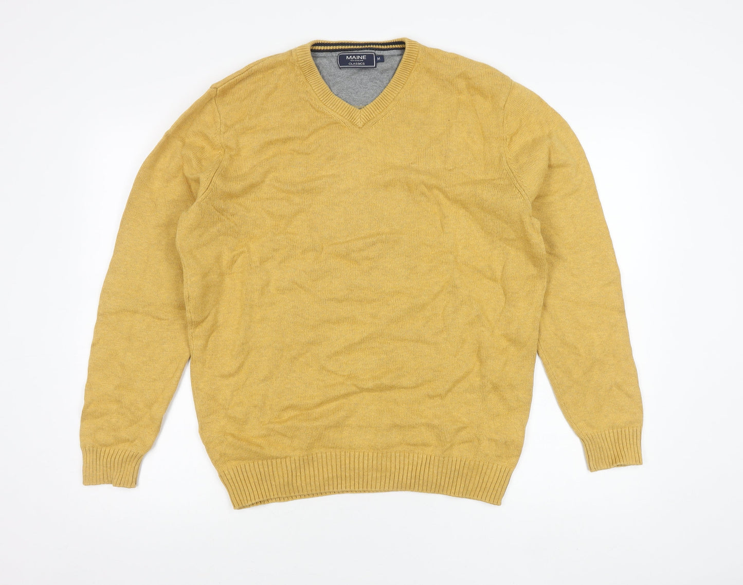 Maine New England Men's Yellow Cotton V-Neck Jumper Size M