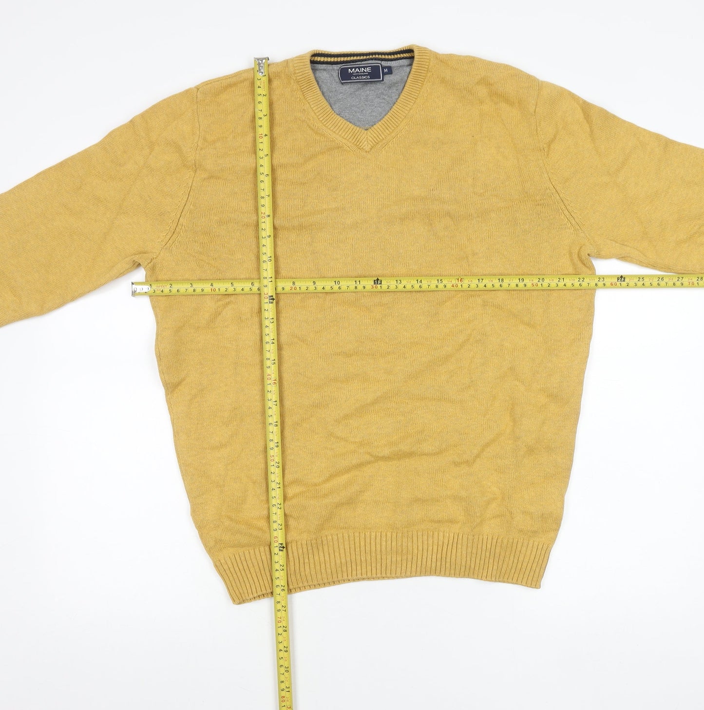 Maine New England Men's Yellow Cotton V-Neck Jumper Size M