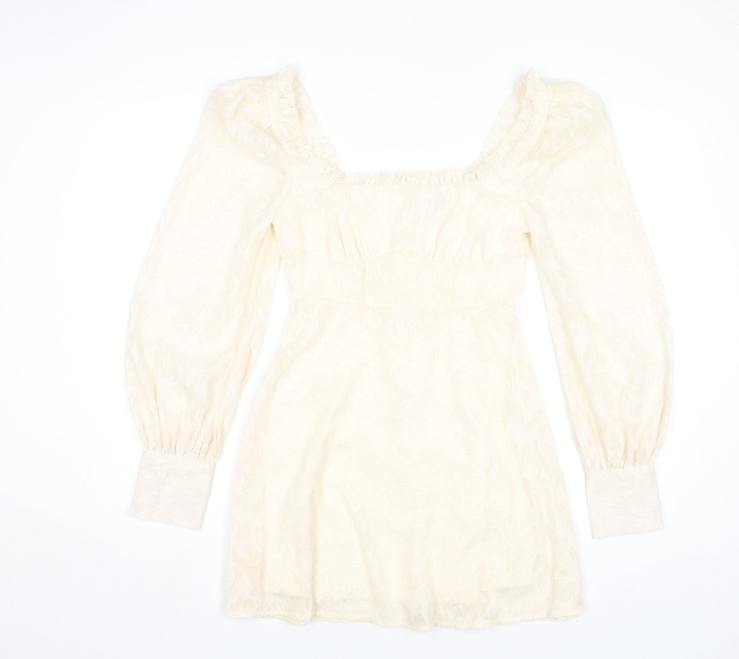 Boohoo Women Ivory Mini Dress Size 8 Puff Sleeve Square Neck Party