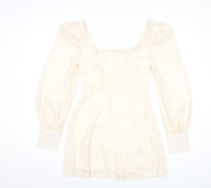 Boohoo Women Ivory Mini Dress Size 8 Puff Sleeve Square Neck Party