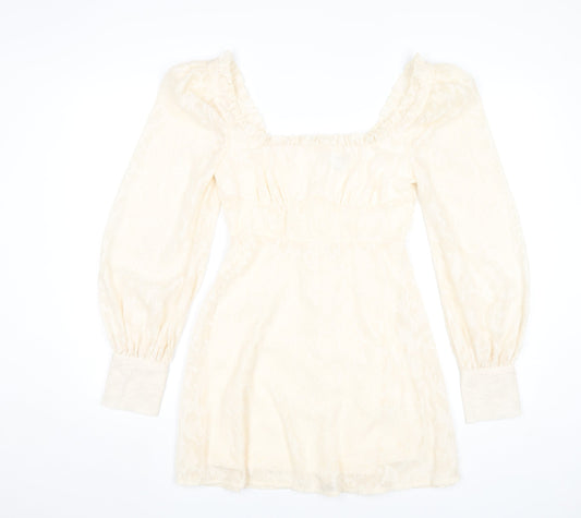 Boohoo Women Ivory Mini Dress Size 8 Puff Sleeve Square Neck Party