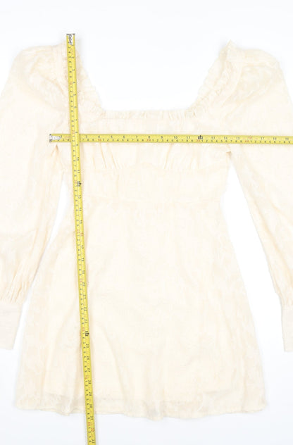Boohoo Women Ivory Mini Dress Size 8 Puff Sleeve Square Neck Party