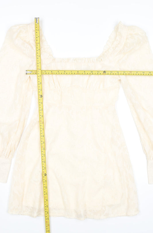 Boohoo Women Ivory Mini Dress Size 8 Puff Sleeve Square Neck Party
