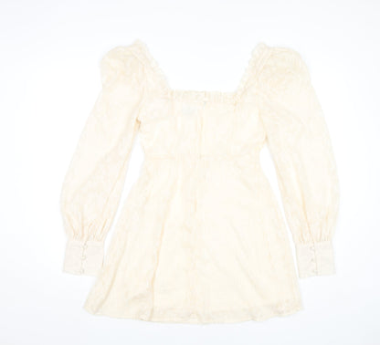 Boohoo Women Ivory Mini Dress Size 8 Puff Sleeve Square Neck Party