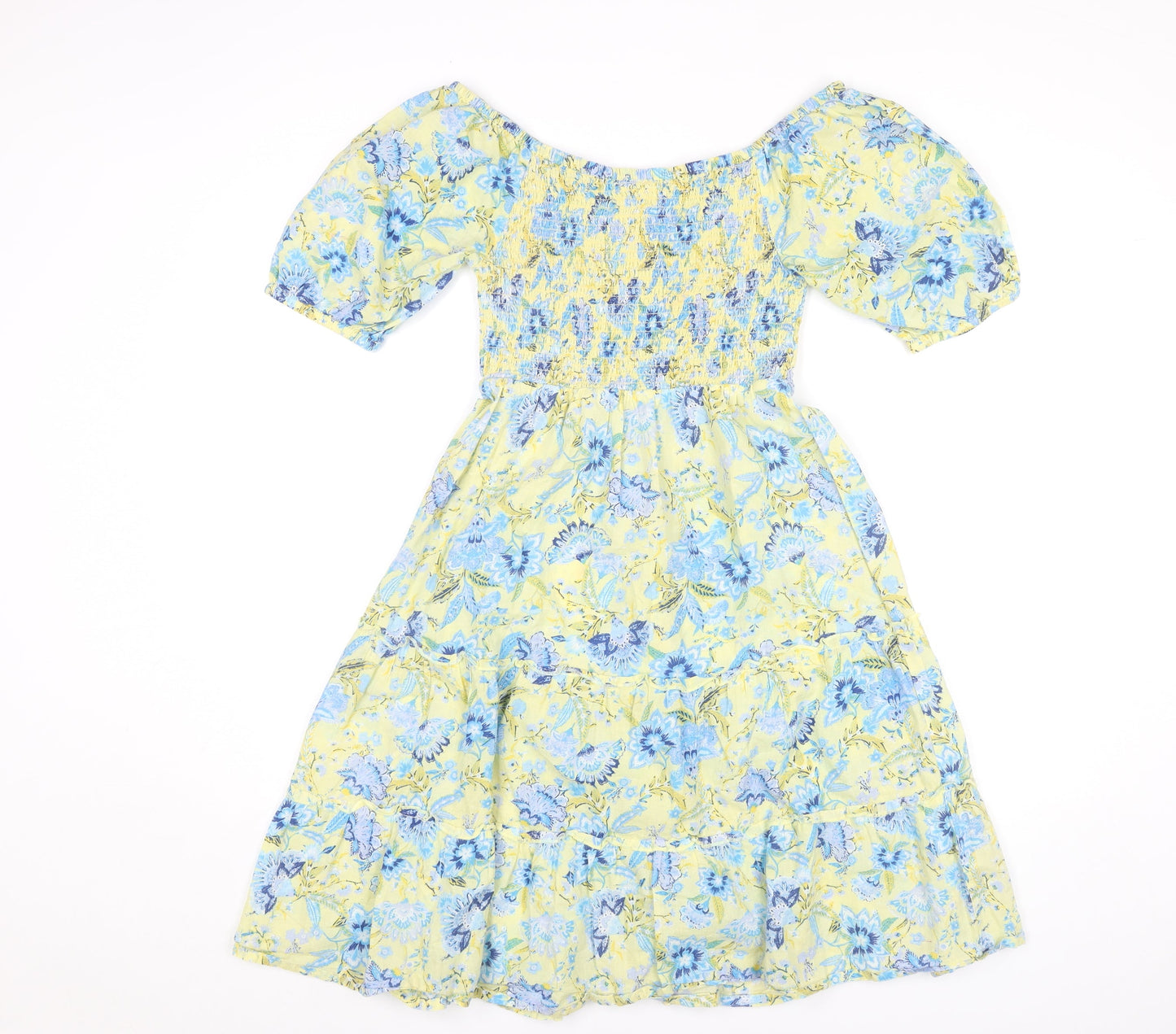 Monsoon Women’s Yellow Blue Floral Midi A-Line Cotton Dress S