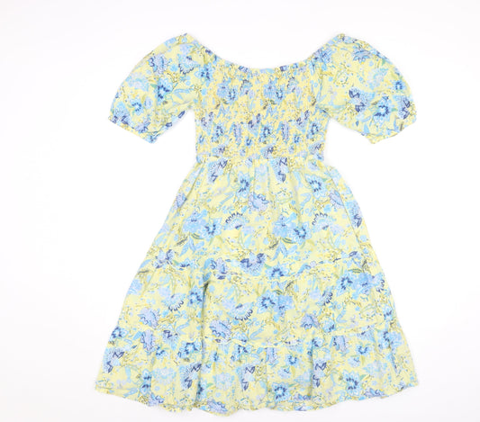Monsoon Women’s Yellow Blue Floral Midi A-Line Cotton Dress S