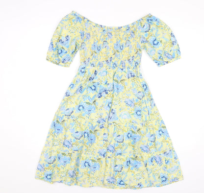 Monsoon Women’s Yellow Blue Floral Midi A-Line Cotton Dress S