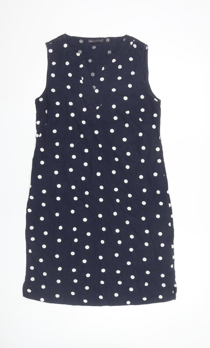 Marks and Spencer Women Blue Polka Dot Linen Blend Shift Dress Size 10