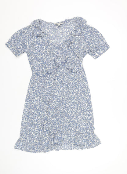 Brave Soul Women’s Blue Floral XS Wrap Dress Short Sleeve Summer