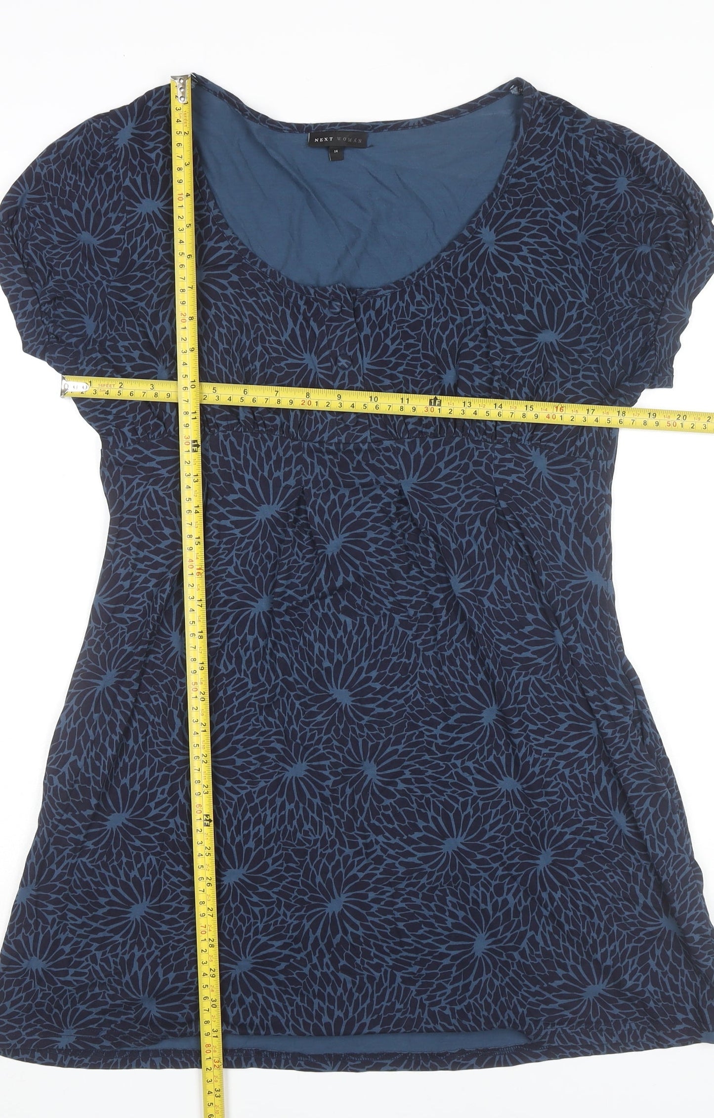 Next Women Blue Floral Shift Dress Size 14 Scoop Neck Short Sleeve