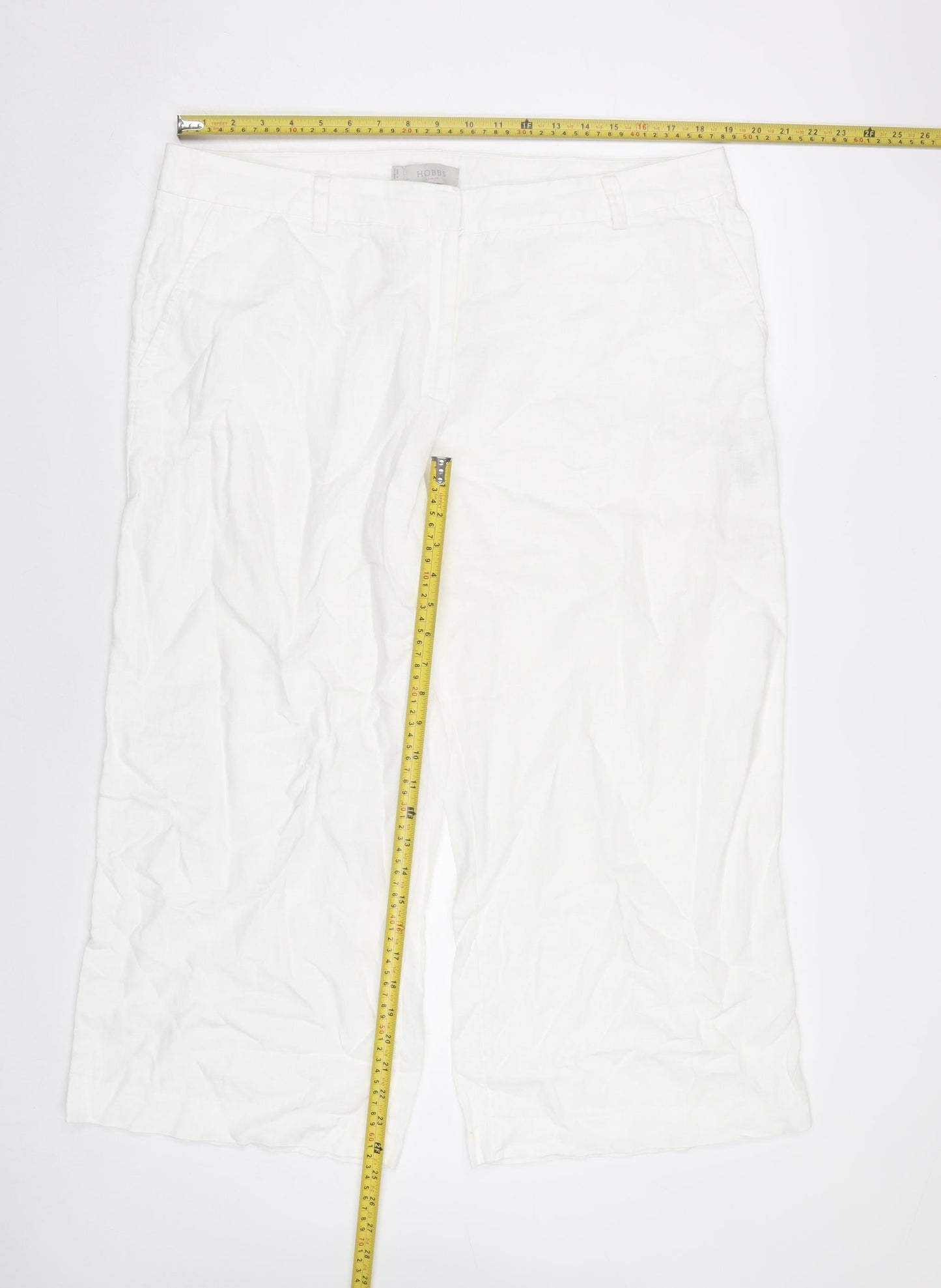 Hobbs Women White Linen Wide-Leg Trousers UK 16 Summer Casual