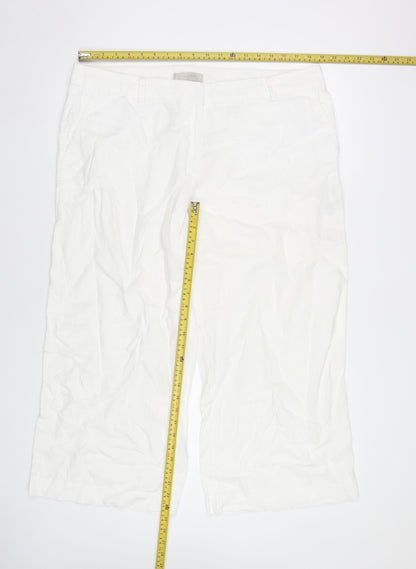 Hobbs Women White Linen Wide-Leg Trousers UK 16 Summer Casual