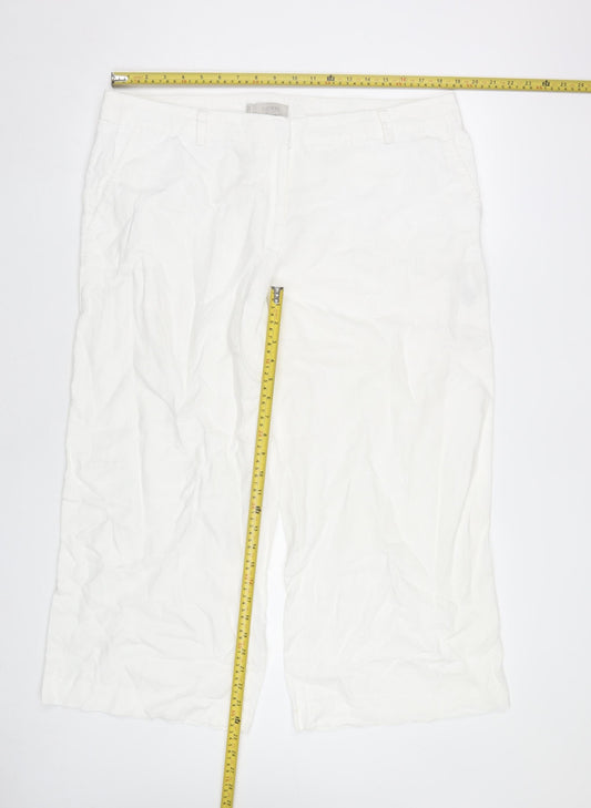 Hobbs Women White Linen Wide-Leg Trousers UK 16 Summer Casual