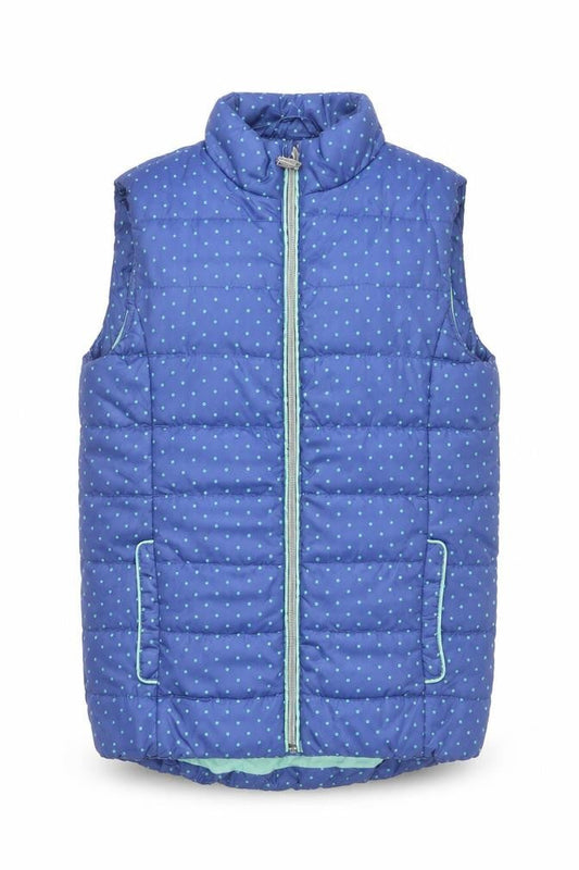 Front view of RESERVED girls’ blue polka dot puffer waistcoat 9-10 years sleeveless vest