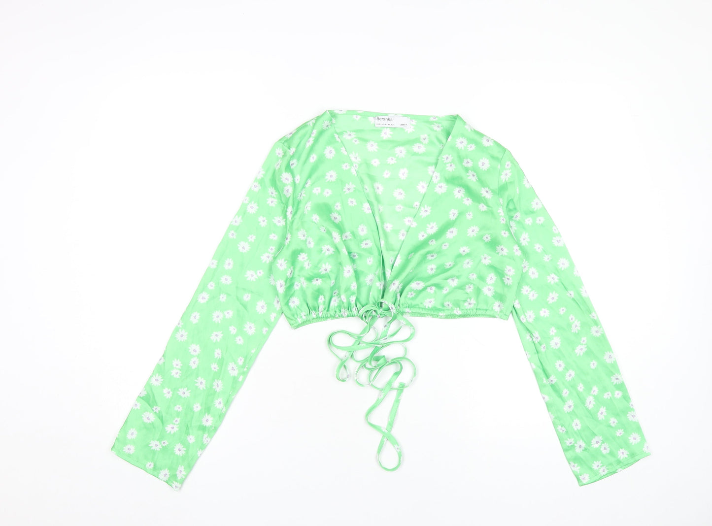 Bershka Women's Green Floral Cropped V-Neck Blouse Size S