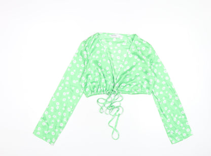 Bershka Women's Green Floral Cropped V-Neck Blouse Size S