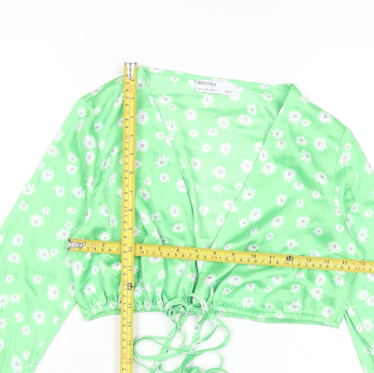 Bershka Women's Green Floral Cropped V-Neck Blouse Size S