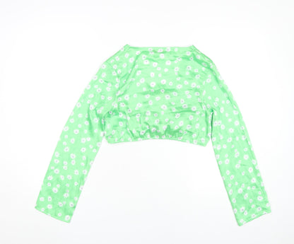 Bershka Women's Green Floral Cropped V-Neck Blouse Size S