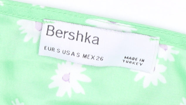 Bershka Women's Green Floral Cropped V-Neck Blouse Size S
