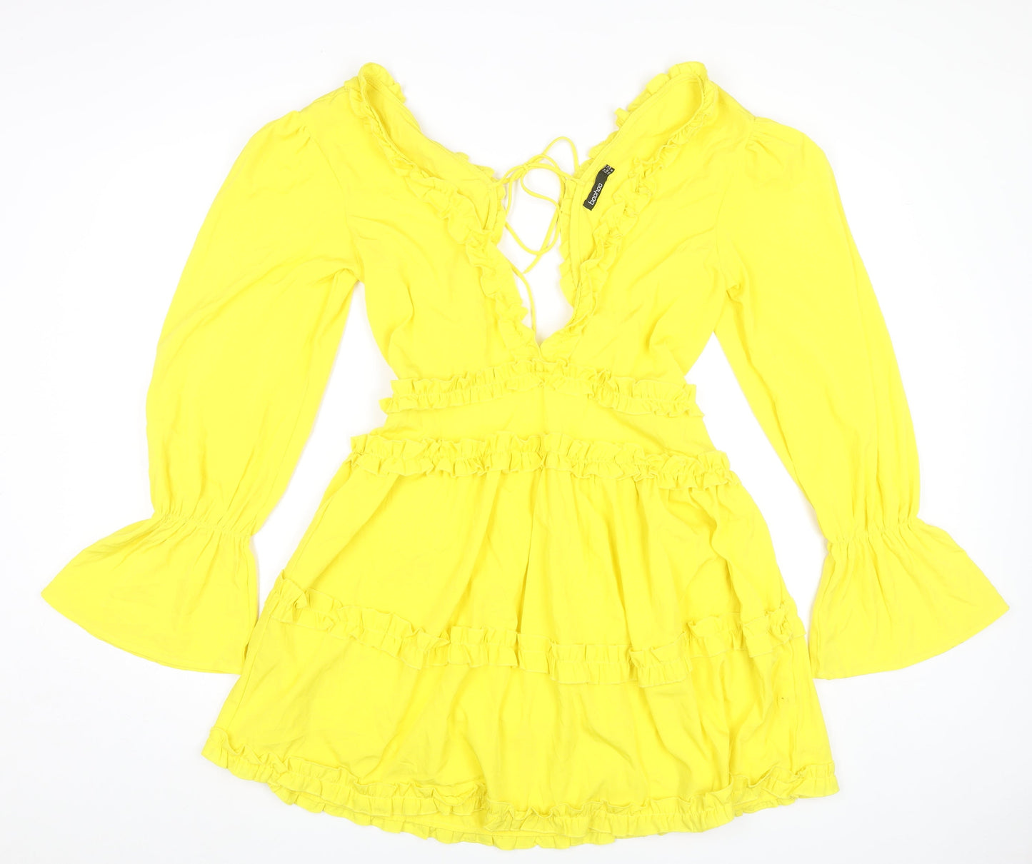 Boohoo Women Yellow Mini Dress UK 12 Ruffle V-Neck Long Sleeve Party