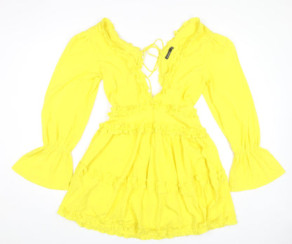 Boohoo Women Yellow Mini Dress UK 12 Ruffle V-Neck Long Sleeve Party