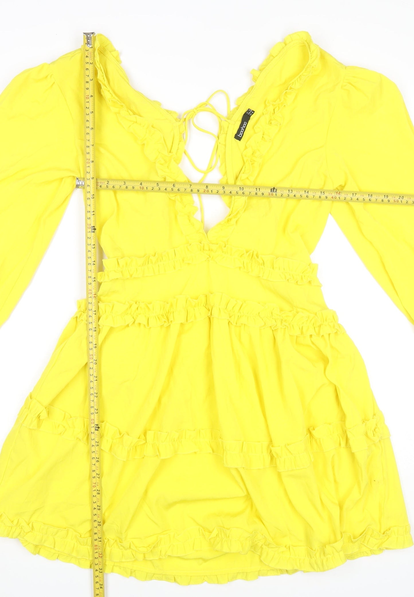 Boohoo Women Yellow Mini Dress UK 12 Ruffle V-Neck Long Sleeve Party