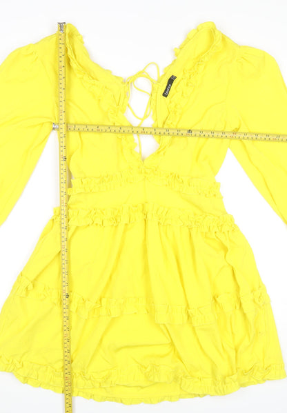 Boohoo Women Yellow Mini Dress UK 12 Ruffle V-Neck Long Sleeve Party