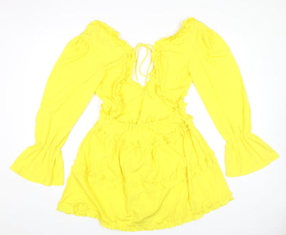 Boohoo Women Yellow Mini Dress UK 12 Ruffle V-Neck Long Sleeve Party