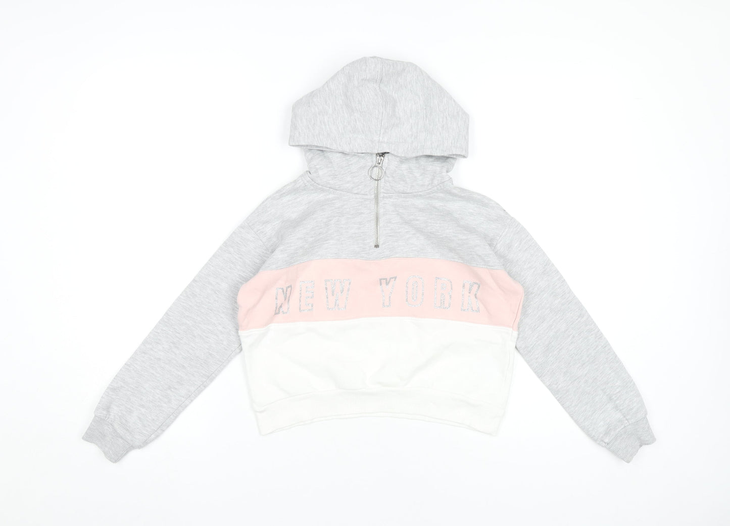 H&M Girls Grey Pink White Colourblock Hoodie 9-10Y Half Zip Hooded Sweatshirt