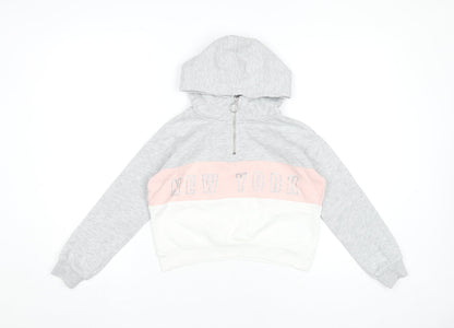 H&M Girls Grey Pink White Colourblock Hoodie 9-10Y Half Zip Hooded Sweatshirt