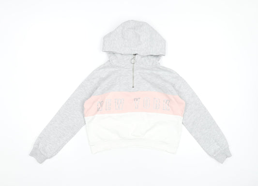 H&M Girls Grey Pink White Colourblock Hoodie 9-10Y Half Zip Hooded Sweatshirt