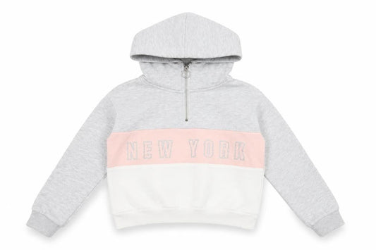 Front view of H&M girls’ grey pink white colourblock hoodie 9-10y half zip hooded sweatshirt