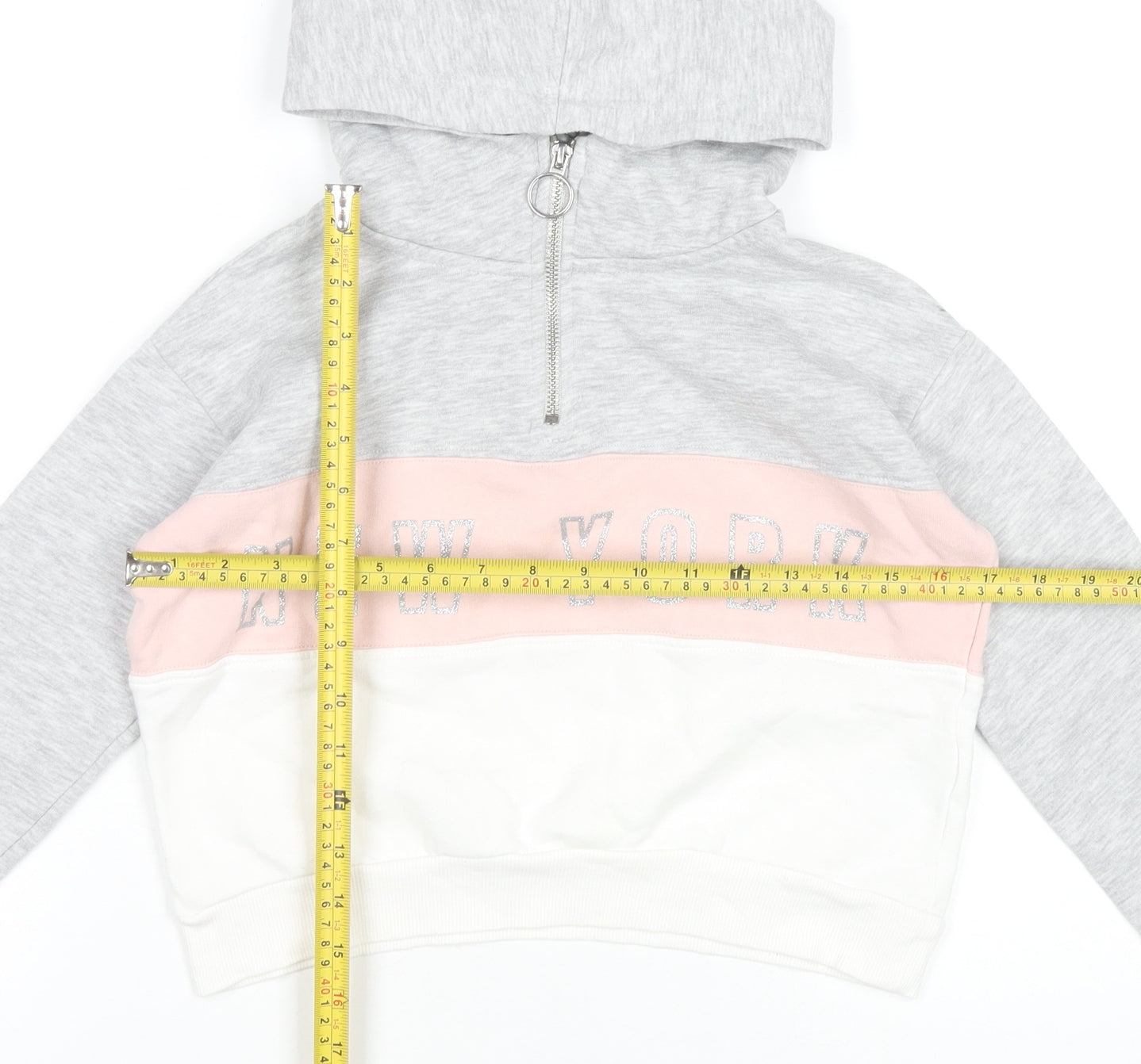 H&M Girls Grey Pink White Colourblock Hoodie 9-10Y Half Zip Hooded Sweatshirt