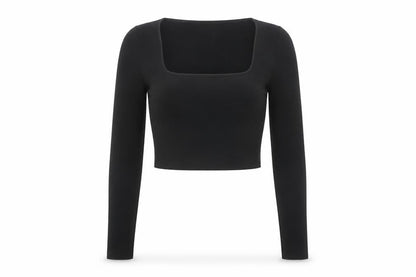 Zara Women Black Square Neck Cropped Long Sleeve Blouse Size 10