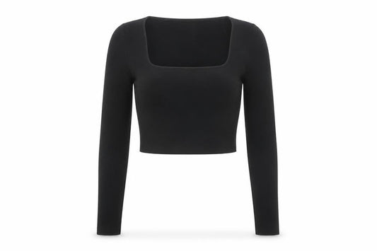 Zara Women Black Square Neck Cropped Long Sleeve Blouse Size 10