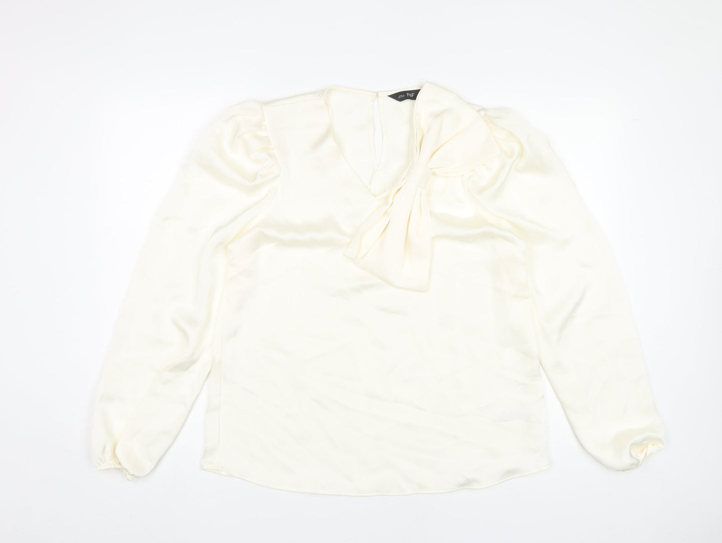 F&F Women’s Ivory Long Sleeve Puff Sleeve Bow Blouse UK 12