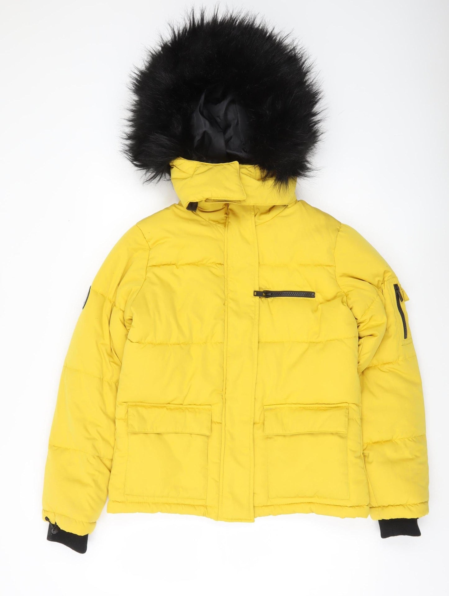 New Look Womens Yellow Puffer Jacket Size 10 Hooded Winter Coat